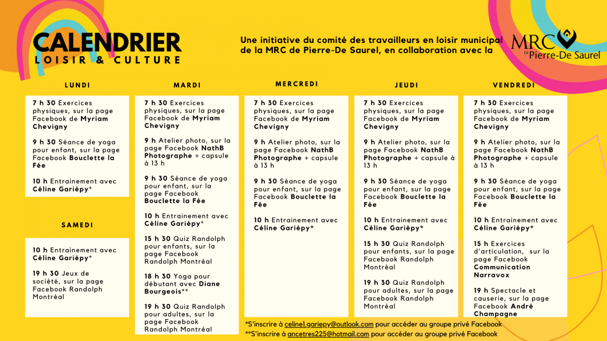 Soreltracy et cie COVID19 MRC Calendrier loisiretculture